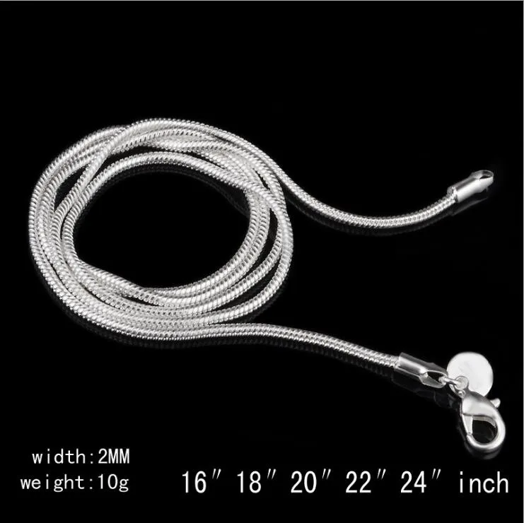 Free ship 925 sterling silver Plated 2MM snake chain size 16 to 24inch MC10 Hot 925 silver plate Lobster Clasps Smooth Chains Necklace