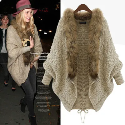 Women Faux Fur Collar Batwing Sleeve Loose Casual Warm Cardigan Shawl Sweater