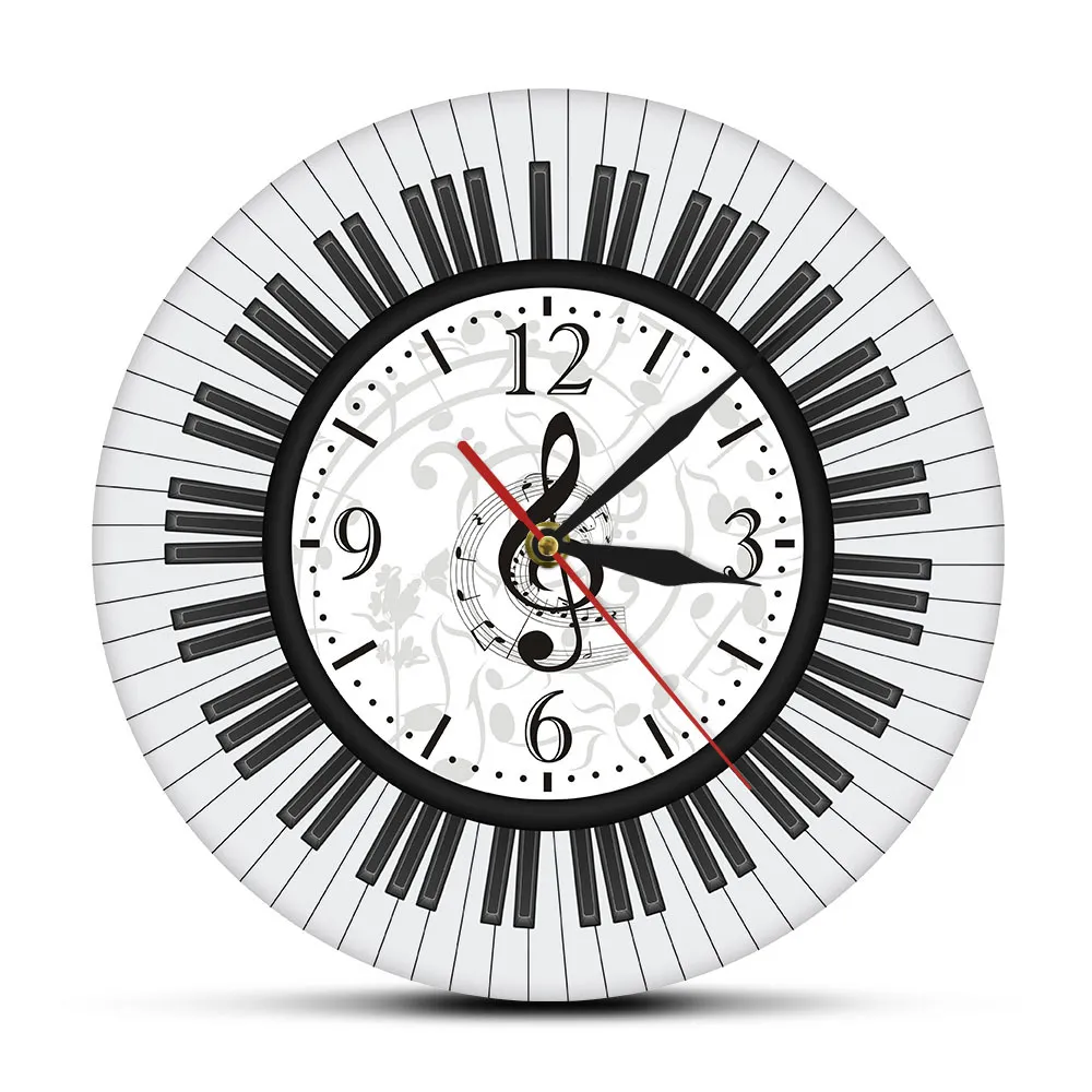 ピアノのキーボードの高音の口コミ壁アートモダンな壁時計音符黒と白の壁の時計音楽スタジオの装飾ピアニストギフトY200109