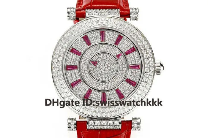 GS 2019 Nouvelles montres de designer pour femme FM.800 Automatique Saphir Full Diamond Boîtier en acier Bracelet en cuir de veau Boîtier transparent Dos Montres pour dames