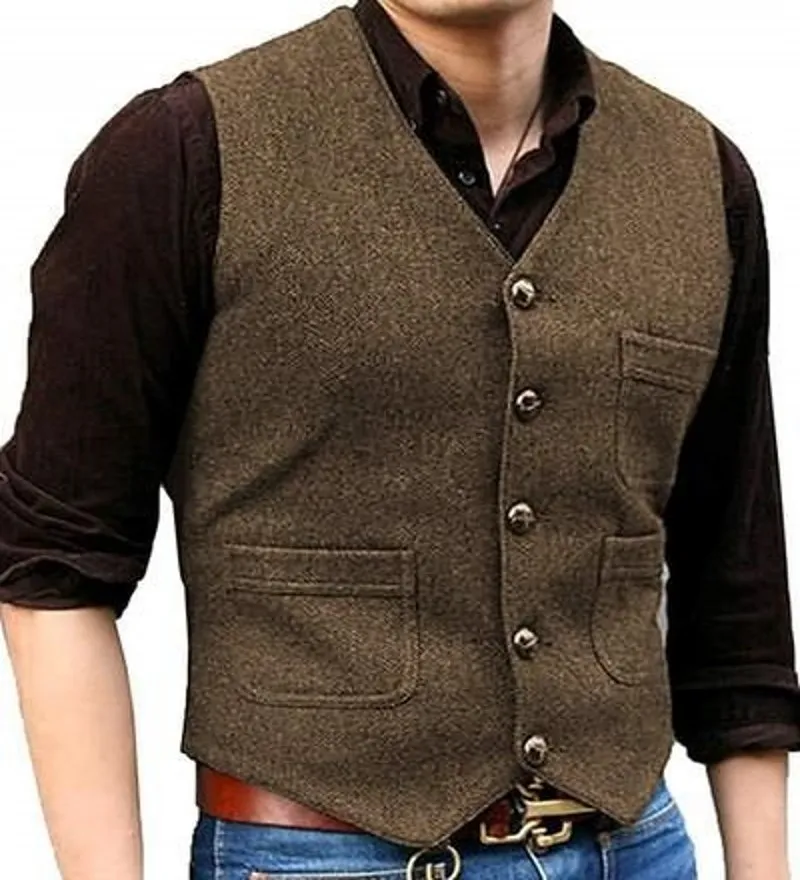 Vintage Brown Wool Groom Vests 2019 Herringbone Tweed Vest Groomsmen Wedding Vest Custom Made Mens Suit Vest Tuxedo Waistcoat