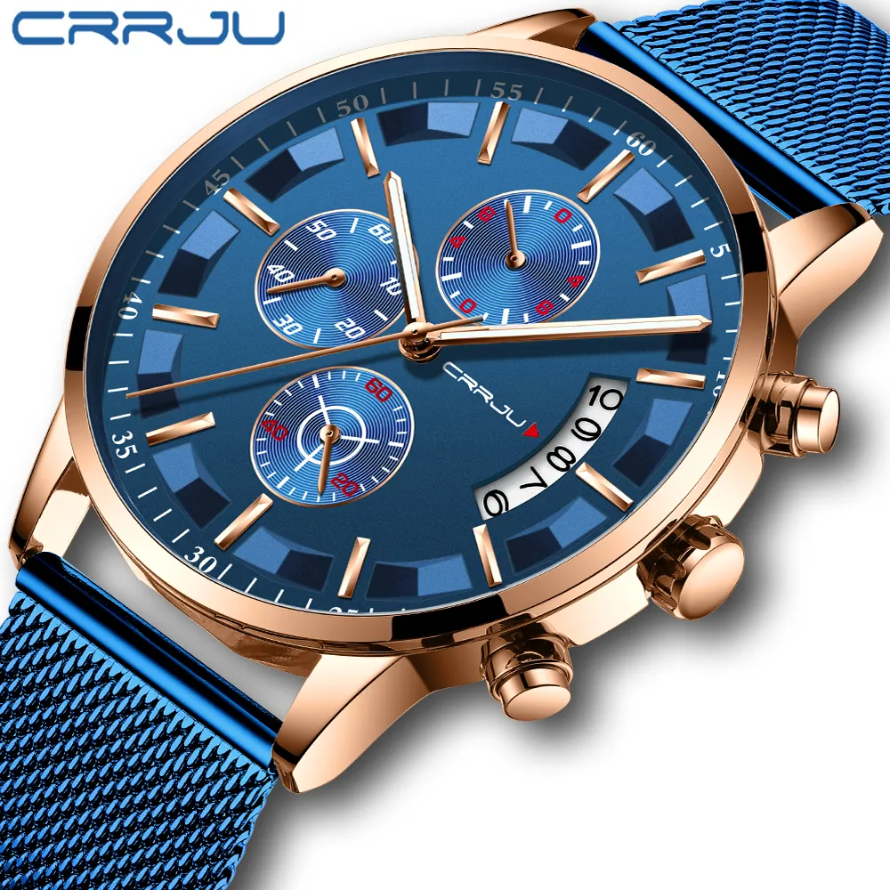 Save Big on Bulk Crrju Mens Watches 2019 Mens Stylish Watches CRRJU Brand  Blue Military Waterproof Sports Watch Men's Casual Mesh Strap Quartz Clock 