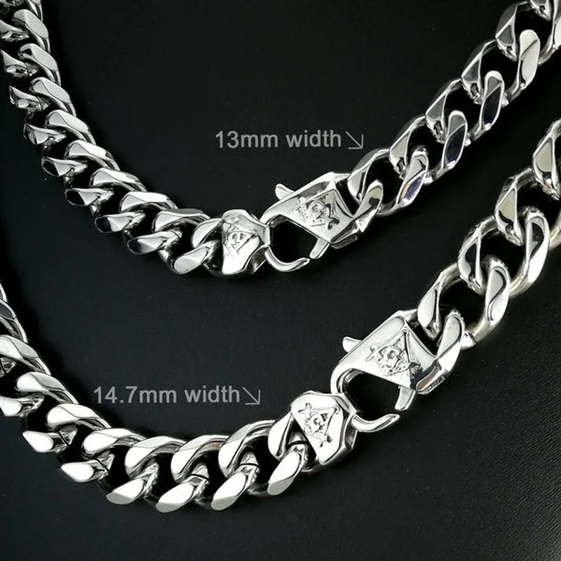 Freemasonry Mason Mason Chain Heavy Mens Tudo Polido 316L Aço Inoxidável Tom de Prata N377