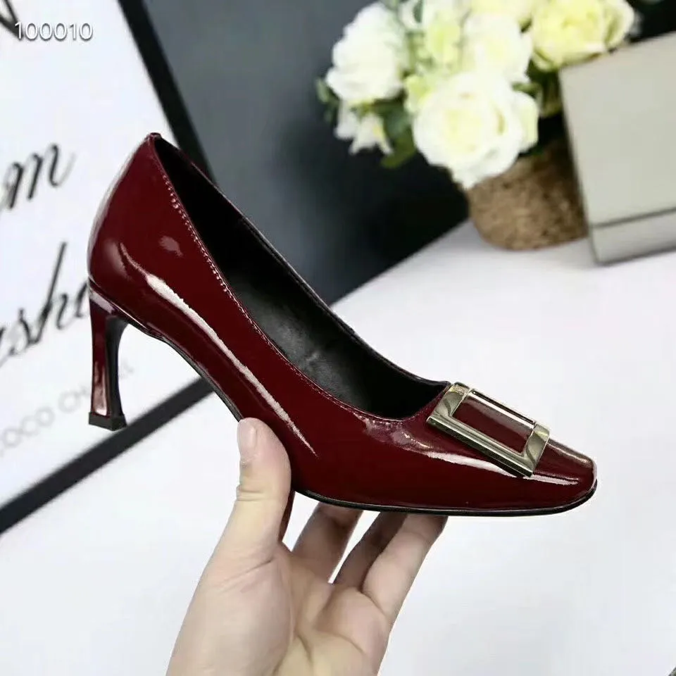 fashonville~2020030802 34/40 grey red black burgundy beige 7cm gold square buckle heels patent leather fashion