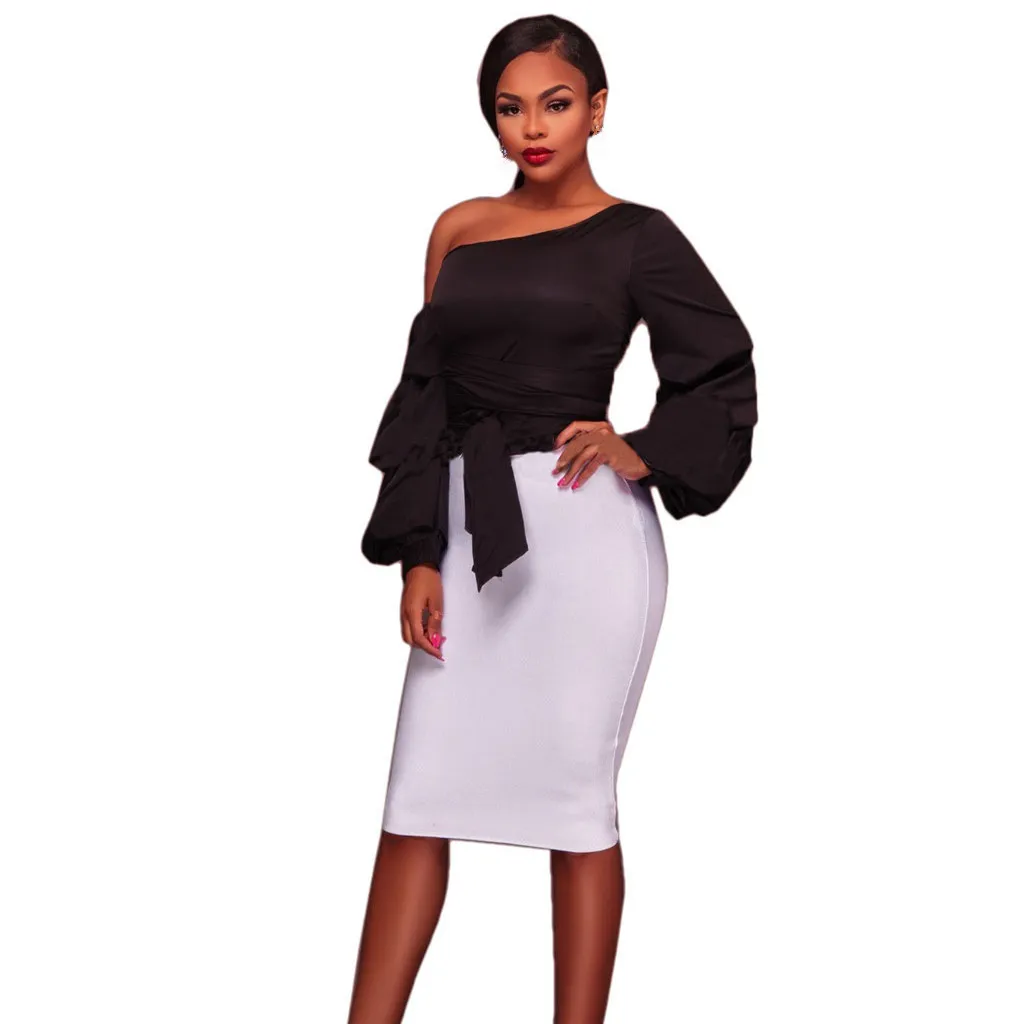 Lantern Sleeve Bandage Flounce Skirt Plus Size Business Casual