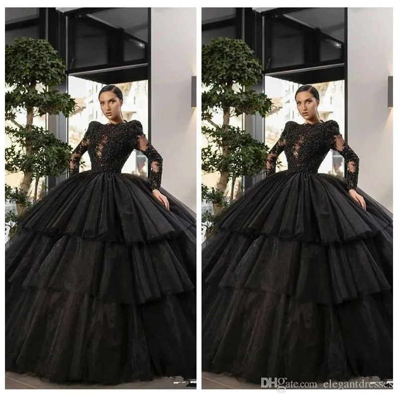 Elegante abito da ballo stupefacente Abiti neri Quinceanera Appliques in pizzo Tulle Abiti da festa per occasioni speciali a strati Abiti lunghi formali De Soiree