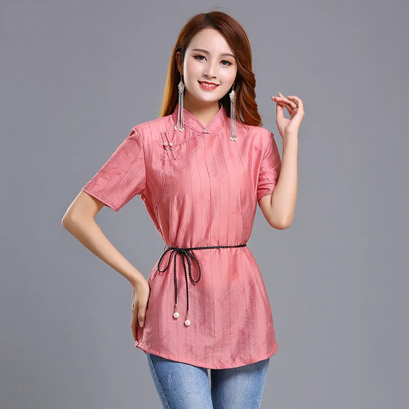 Etnische stijl podium dragen vrouwen elegante traditionele vrouwelijke tang pak korte mouw nationale kleding Mongoolse zomer zanger top