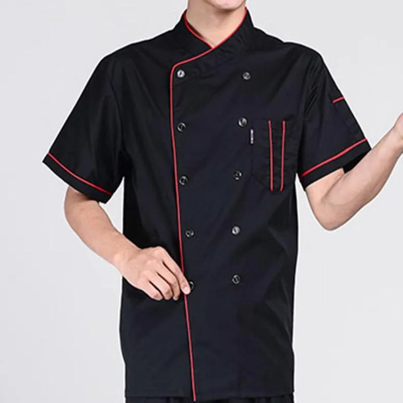 Manga curta masculino gola alta trespassado chef garçom uniforme solto 2020 novo tecido da moda