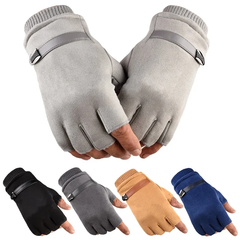 Fingerless Handskar Vinter Varm Körning Cykling Arbeta Mens Suede Läder Elastisk Utomhus Grip Gripper Bike Mittens