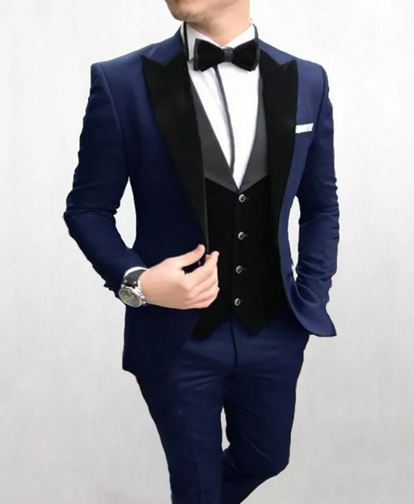 Moda Navy Blue Groom Tuxedos Peak Lapel Groomsman Wedding 3 Piece Suit Moda Mężczyźni Business Prom Jacket Blazer (Kurtka + spodnie + krawat + kamizelka) 2871
