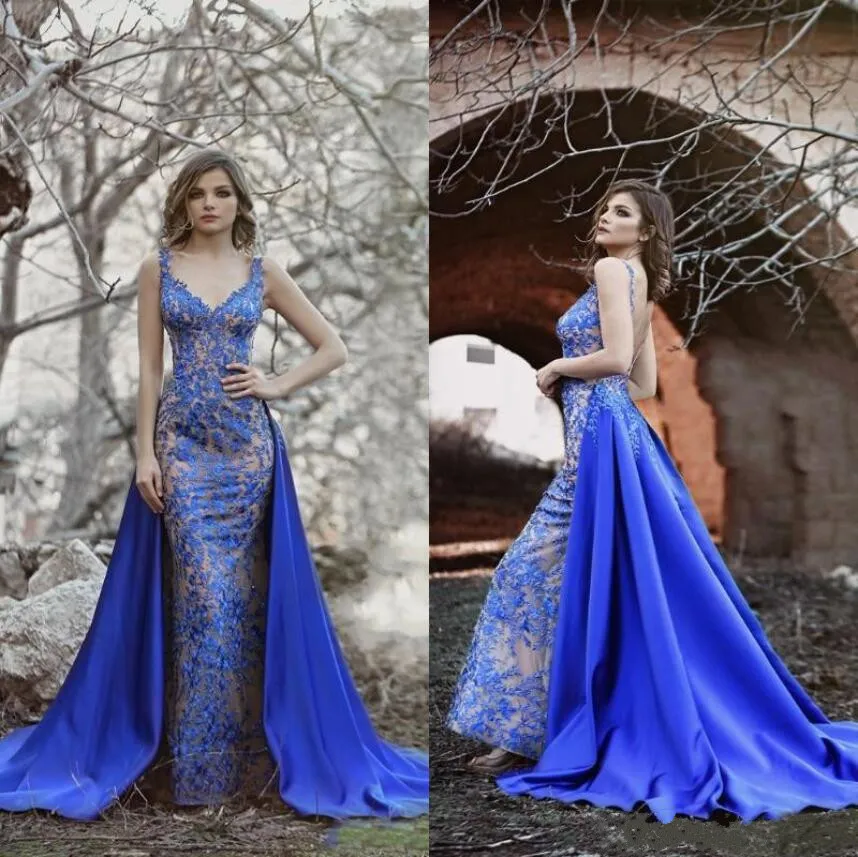 Elegante Longo Azul Royal Vestidos de Baile Com Saia Destacável Spaghetti Lace Frisada Sereia Vestido de Noite 2019 Luxo Formal Vestido de Festa Vestidos