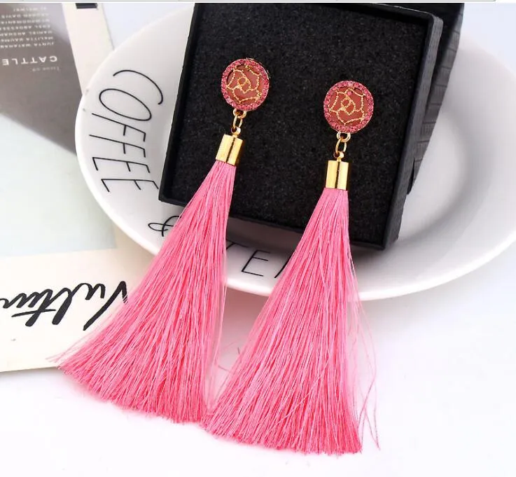 Bohemian Crystal Tassel Earrings Black White Blue Red Pink Silk Fabric Long Drop Dangle Tassel Earrings For Women Jewelry GB362