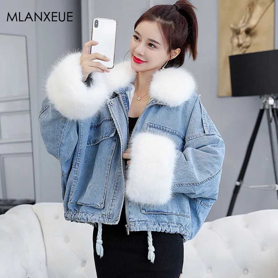 Casual Bomull Liner Fur Collar Denim Jackor Kvinnor Koreanska Loose Hardy Warm Black Denim Coat Kvinna Vinter Cowboy Parka Outwear T200111