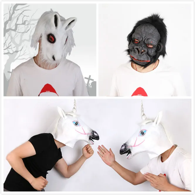 Máscara de Animal espeluznante de Halloween, máscara de fiesta de látex, máscara de cabeza de conejo gorila de caballo aterrador Unisex, máscaras de miedo de Halloween