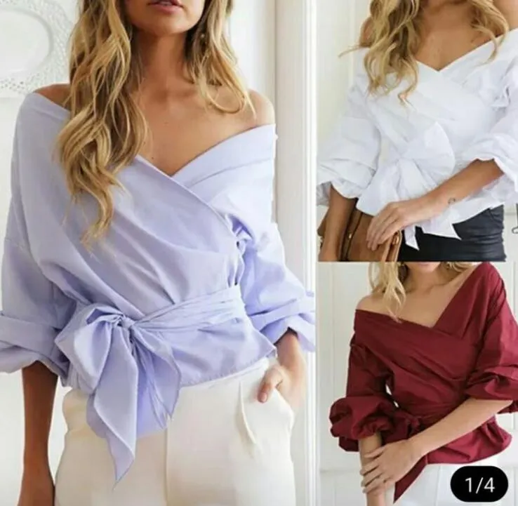 Camicia camicetta con spalle scoperte da donna alla moda, camicetta casual estiva con maniche svasate, top a maniche lunghe, abbigliamento corto, camicetta con scollo a barca