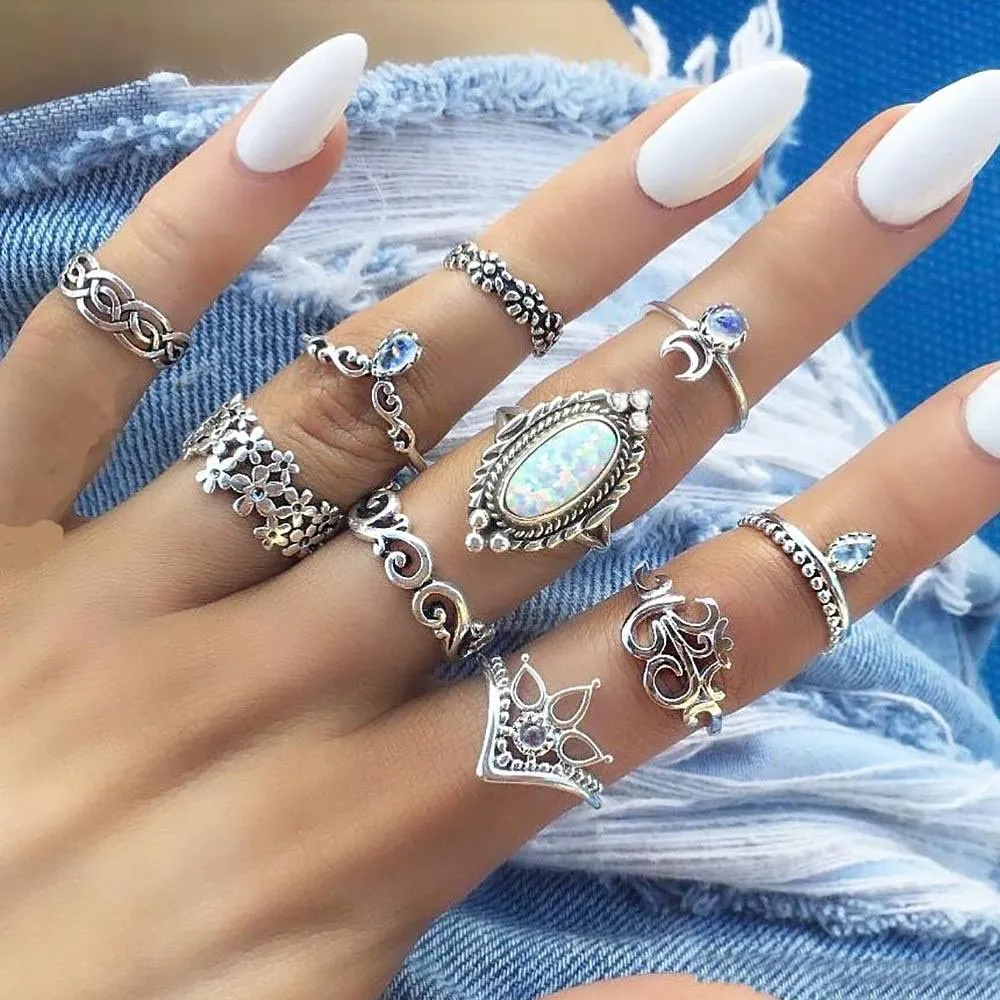 Boho Midi Knuckle Pierścionki Pierścienie Dla Kobiet Plaża Opal Crystal Crescent Starożytne Srebrne Pierścienie Geometryczne Czeski Biżuteria mody w masie