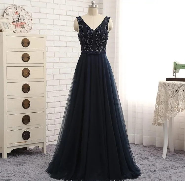 Free Delivery Of New High-end Heavy Manual Evening Dress Handmade Beaded Pearl Navy Lace Yarn Shoulder V Collar Backless Prom Party Dresses