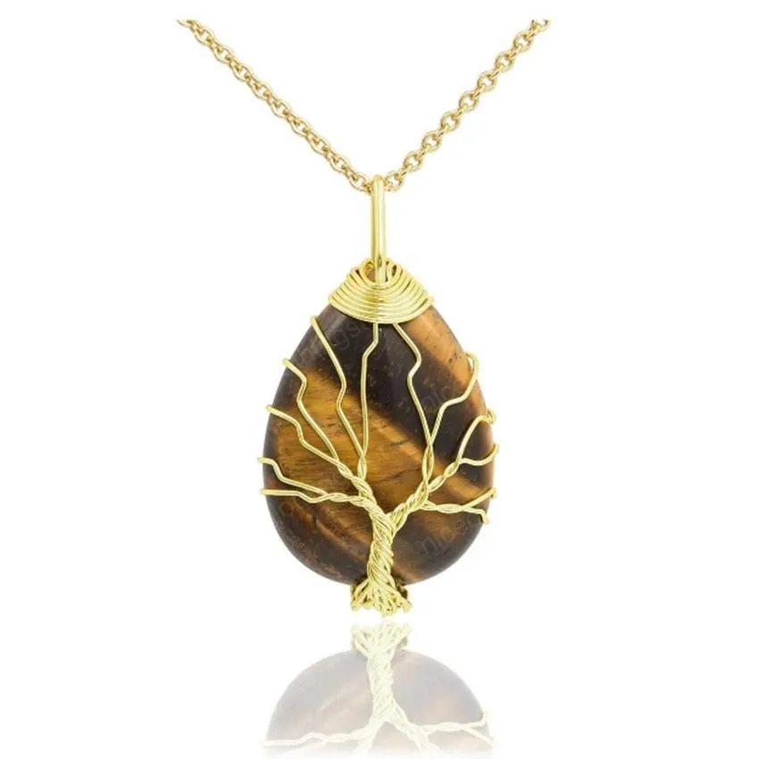 Wholesale Gold Plated Wire Wrap Water Drop Opalite Opal Pendant Link Chain Necklace Tree of Life Jewelry