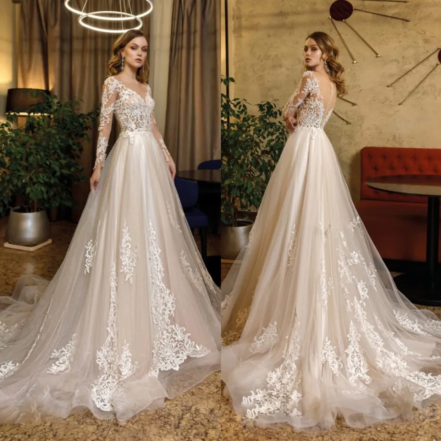 Superbe dentelle appliques robes de mariée pure bateau cou manches longues robes de mariée une ligne balayage train tulle robe de mariée