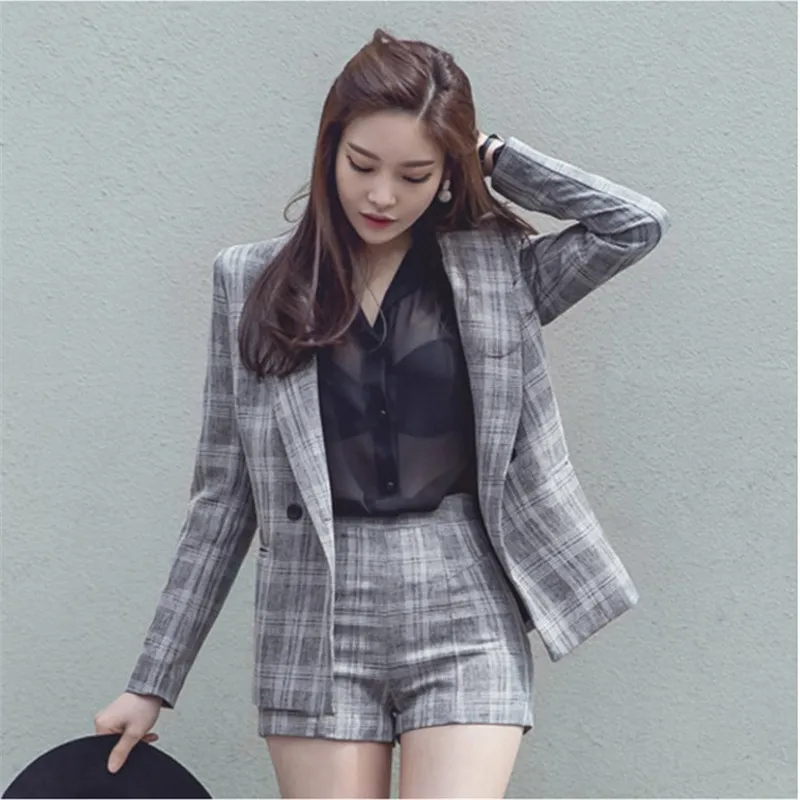 CBAFU women 2 piece set plaid blazer jacket suit coat shorts suit casual office floral clothing women work sets spring D474