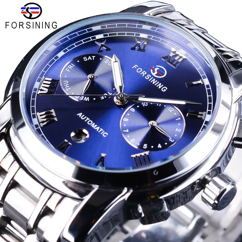 Forsining Watch Watch Desenho de aço Azul à prova d'água Oceano Aço inoxidável Calendário Exibir mensagens automáticas relógios de luxo da marca Top Brand Relógio mecânico