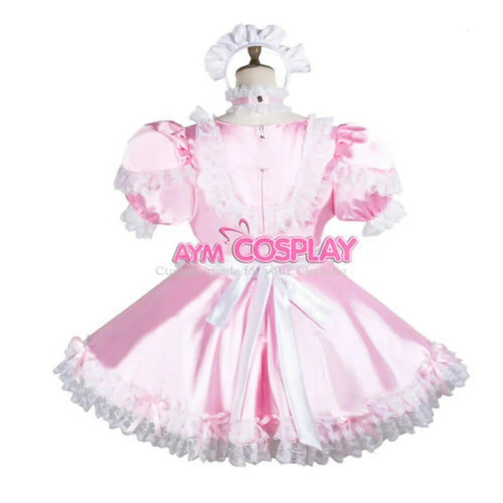 Sissy Maid Mini Dress Pink Satin Dress CD TV skräddarsydd307o