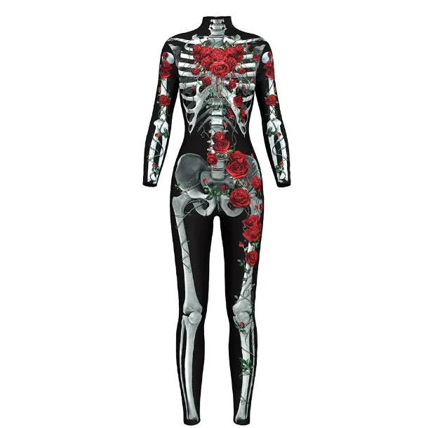 Rompers 2019 Floral Mechanical Bone Costume Enge Halloween -kostuums voor vrouwen Rose Skeleton Skull Plus Size Jumpsuit