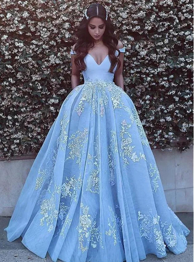 Off-the-ramię Dekolt Backless Suknie Wieczorowe z kieszeniami Zroszony Koronki Aplikacje Blue Prom Dress Vestido Formation Party Dress