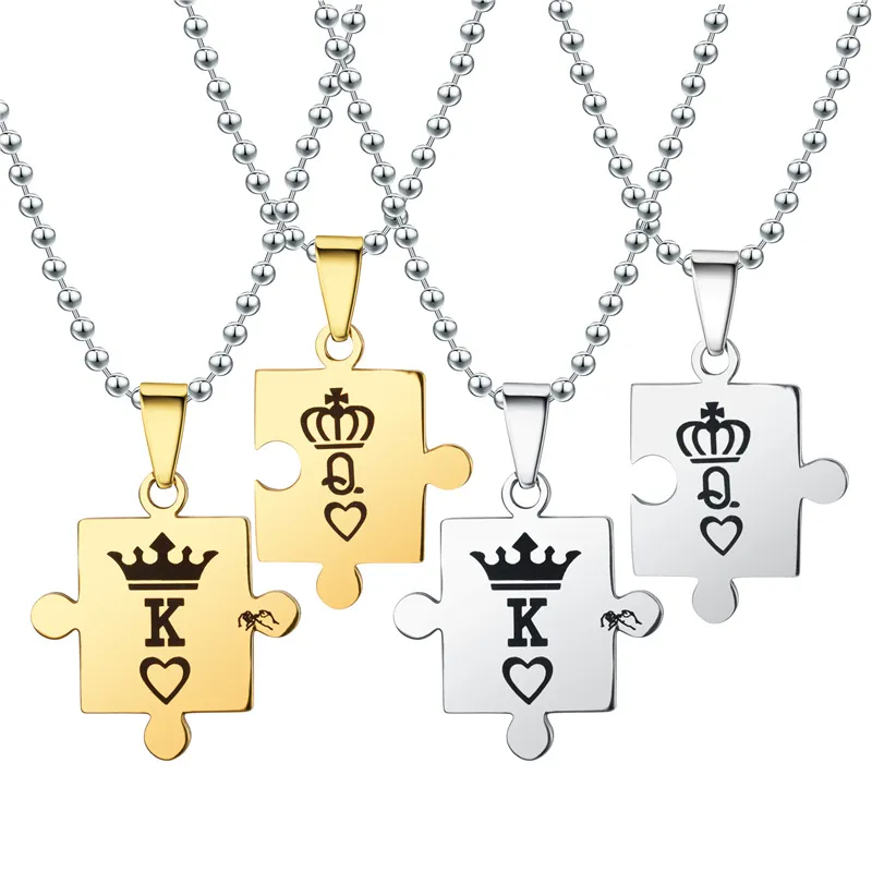 Wholesale titane acier personnalisé King Queen Crown amoureux Puzzle Pendentif Collier en acier inoxydable Cadeaux de bijoux personnalisés pour couples