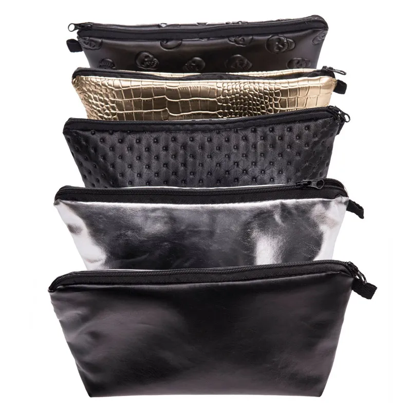 黒い頭蓋骨のソリッドカラー化粧品の袋の女性PUレザー化粧袋の旅行オーガナイザートイレタリーキットバッグ