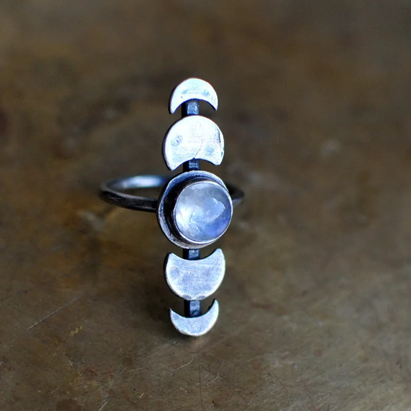 Moon Phase Ring Moon Cycle Ring Ladies Imitate Moonstone Crystal Ring Retro Silver Color Celestial Jewelry