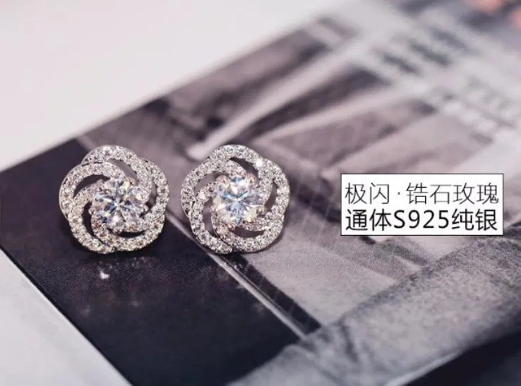 Handmade Women`s Fashion Jewelry 925 Sterling Silver Round Cut White Topaz CZ Diamond Gemstones Women Wedding Rose Flower Stud Earring Gift