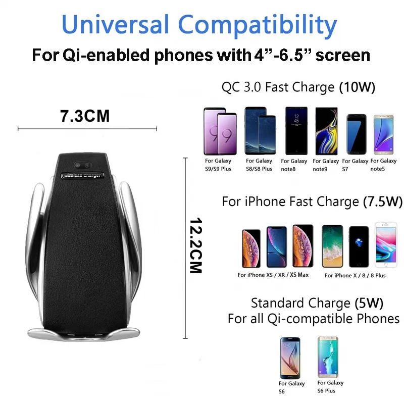S5 Automatic Clamping Car QI Wireless Charger For IPhone XS MAX Galaxy Air Vent Holder 360 Degree Rotation Charging Mount Bracket