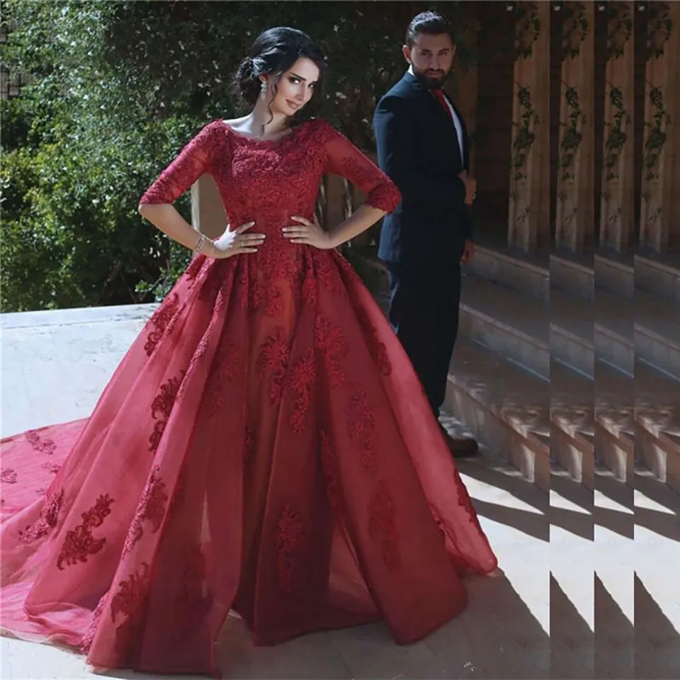 Nowy Pół Rękaw Burgundia Suknia Wieczorowa Koronkowe Aplikacje Dubaj Arabskie Suknie Wieczorowe Długa Suknia Wieczorowa Abiye Elbise
