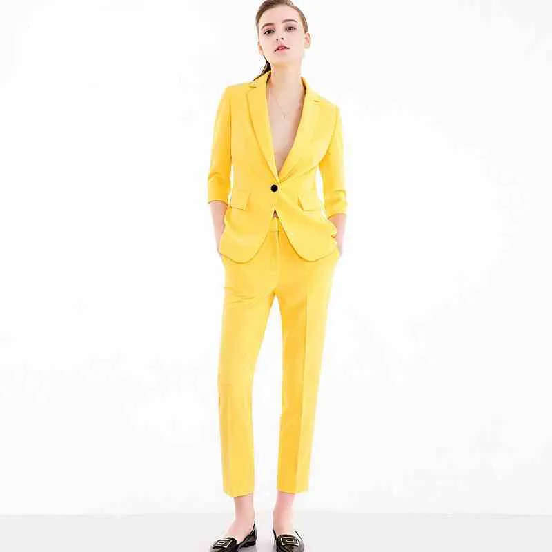 Mujeres conjuntos de 2 piezas amarillo casual blazer de alta cintura de la cintura de la cintura de la oficina con muescas de la chaqueta con muescas del pantalón del pantalón del pantalón coreano femme