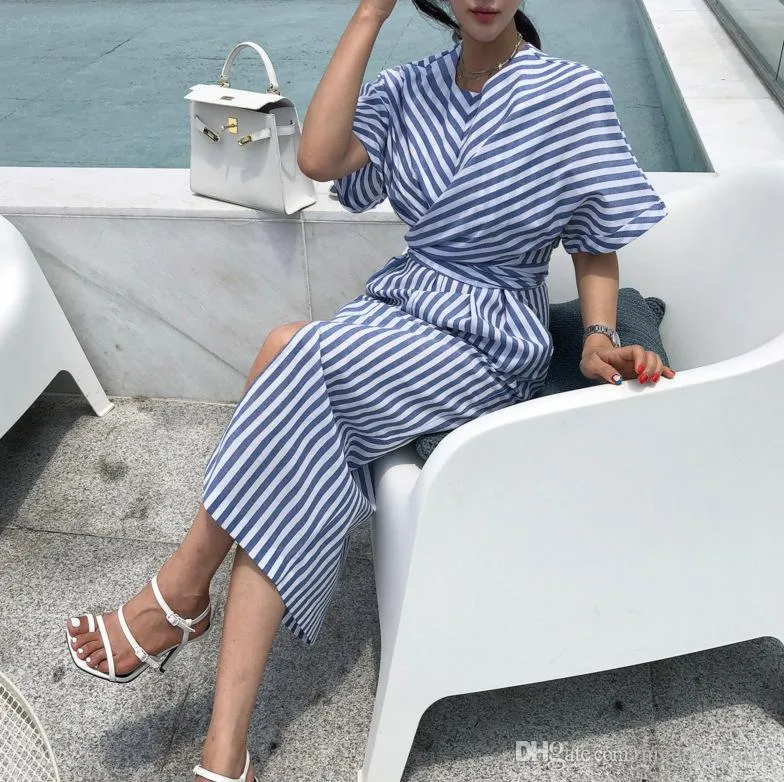 Korean Women Summer Cotton Blue Striped Bandage Split Long Dress Female Long Bodycon Plus Size Vestido Robe Femme Ete Sukienki