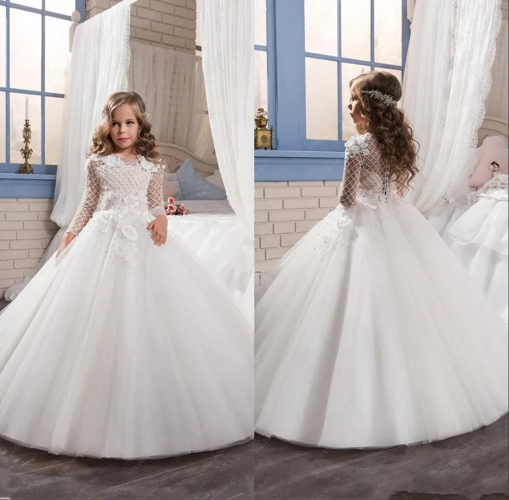 2019 Princesse Dentelle Robe De Fille De Fleur Pour Les Mariages Nouveau Sheer Manches Longues Première Communion Robes De Fête D'anniversaire Filles Pageant Dress