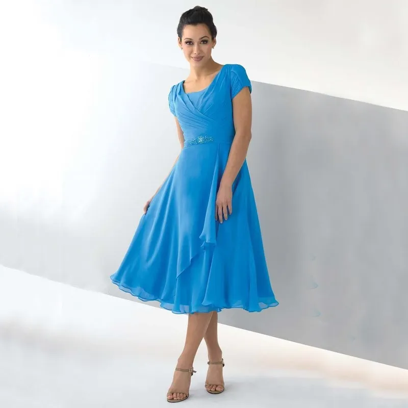 white christmas dresses V-Neck Midi Chiffon Wedding Guest Dresses with Ruffles Sleeve main image 1