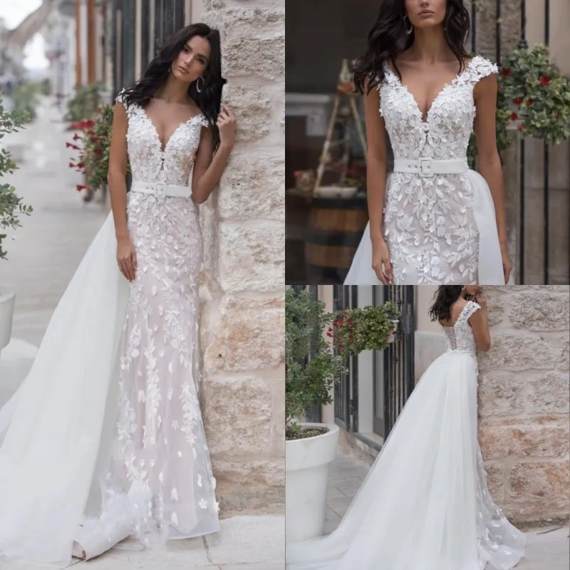 2020 Elegante Meerjungfrau Brautkleider Tüll Applikationen Pailletten Brautkleider Sweep Zug mit abnehmbarem Tarin Vestidos De Novia