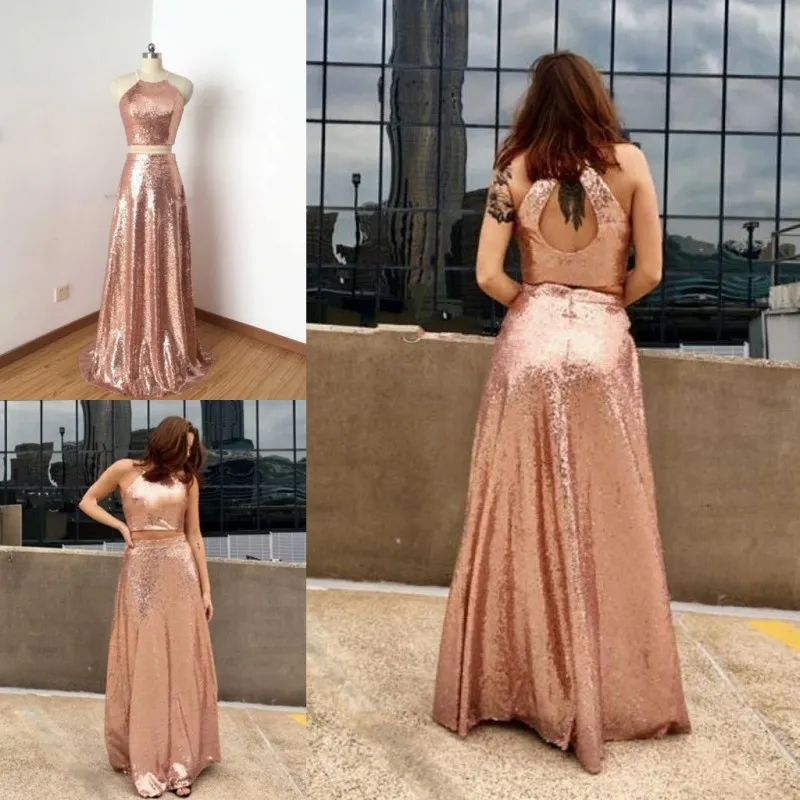 Imagens reais sequined dama de honra vestidos de bainha vazia de dois pedaços vestidos casamento desgaste rosa douva dama de ouro dos vestidos de honra