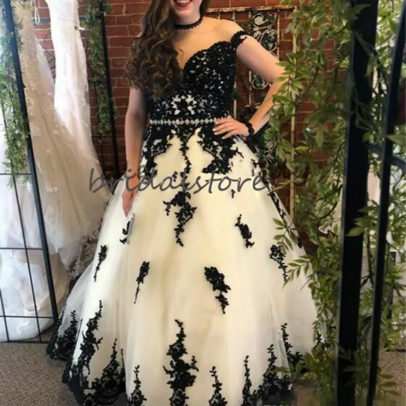 Black With White Gothic Wedding Dresses Victorian Country Wedding Dress Off The Shoulder Halloween Bohemian Bridal Gowns Illusion 265K