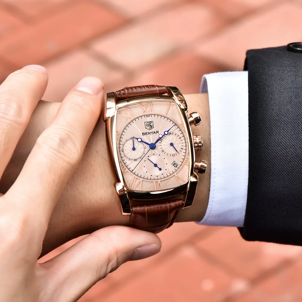Benyar Luxury True Six-Pin Quartz Watch Classic Rectangle Case Sports Chronograph Men's Watches Rose Gold Erkek Kol Saati235m