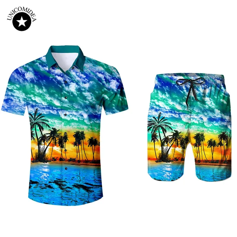 Camisa Havaiana de Manga Curta Masculina e Shorts Verão Plam Árvore Casual Praia Hawaii Camisas Calções Calças Two Peça Terno Homens