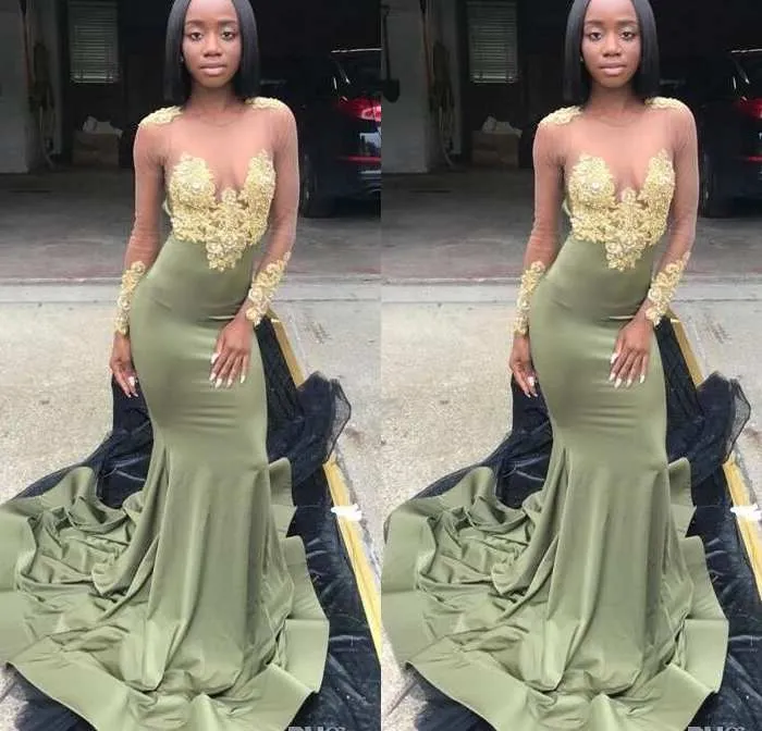 Illusione sexy maniche lunghe applique in oro verde Prom Dresses Black Girls 2020 abito da sera Mermaid arabo Dubai raso robe de soiree