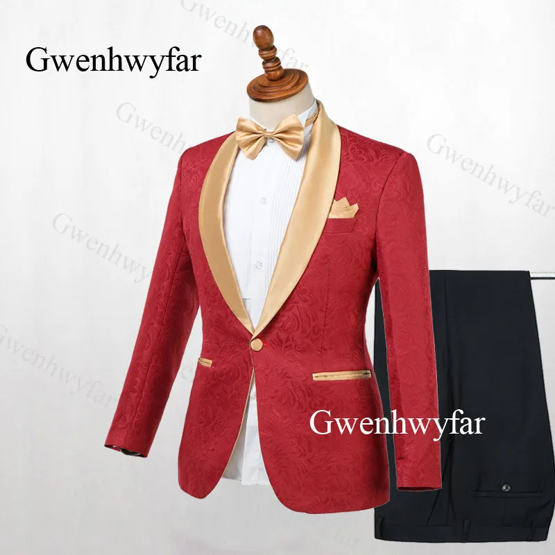 Gwenhwyfar Gold Lapel Tuxedos Red Jacquard Blazer Men Suit Set For Wedding Prom Formal Mens Suits 2 Pieces 2019 Jacket Pants257b