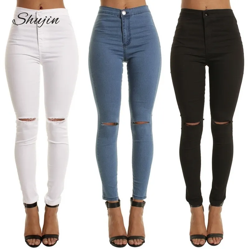 Shujin Wysoka talia Casual Chude Dżinsy Dla Kobiet Dziura Vintage Girls Slim Ripped Denim Ołówek Spodnie Wysokiej Elastyczność Czarny Blue MX190712