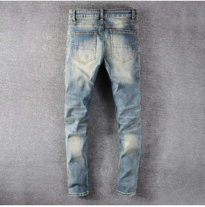 Mannen streetwear skinny jeans heren luipaardprint patchwork gaten gescheurde jeans slanke skinny stretch denim broek324z