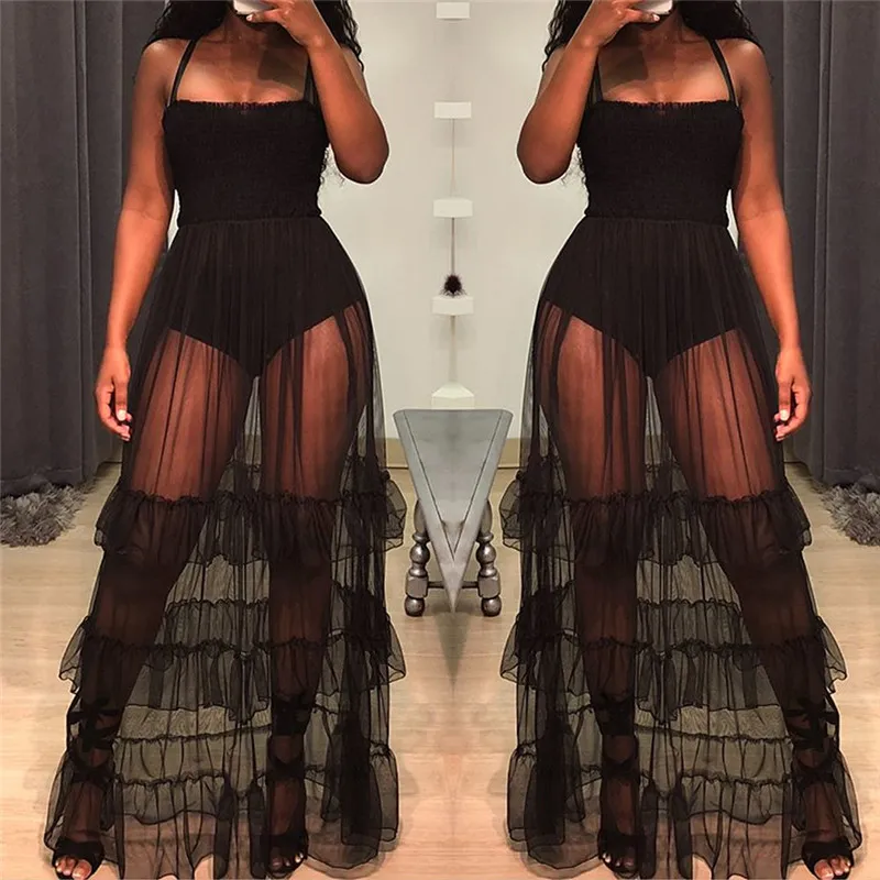 Casual klänningar svart sexig se genom ren mesh maxi klänning kvinnor ärmlös spaghetti rem lång ruffle party club wear1277x