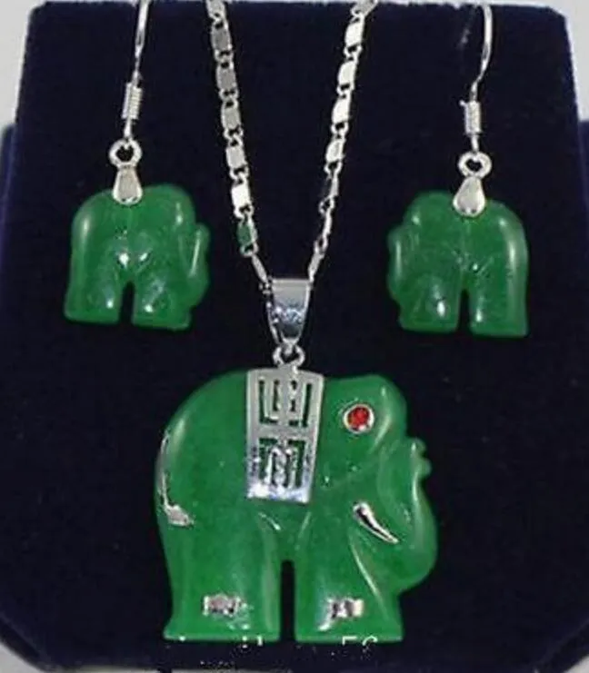 목걸이 자연 녹색 비취 코끼리 펜던트 목걸이 귀걸이 세트 의상 보석