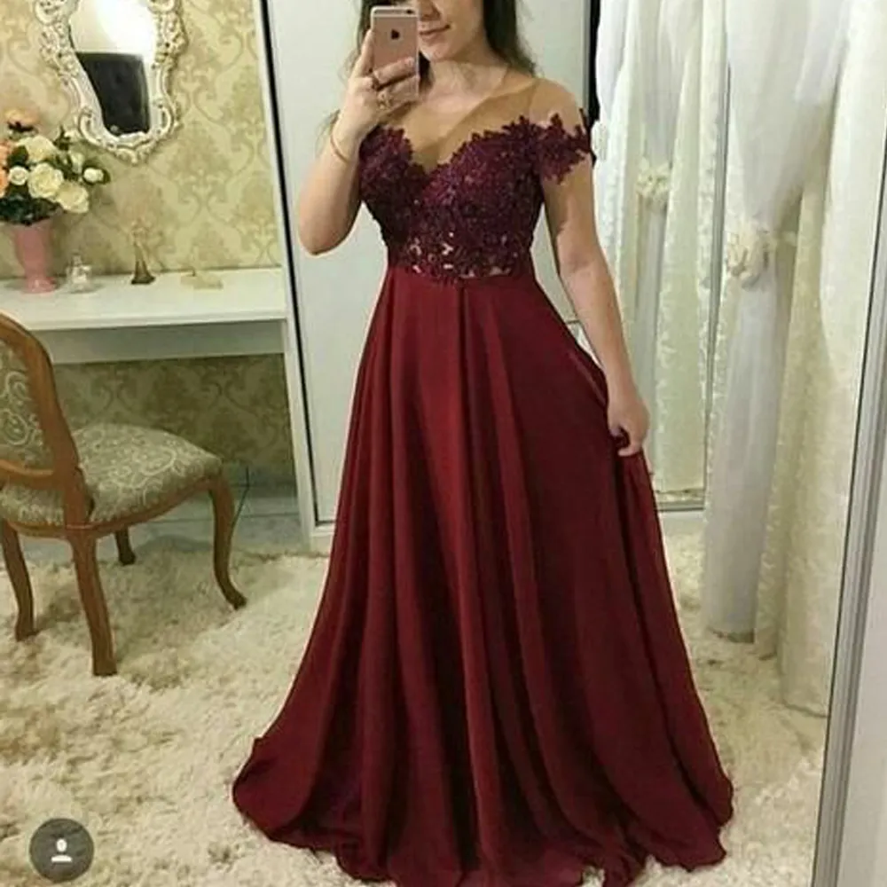 Vino Tinto Vestidos De Fiesta 2020 De Encaje Transparente Cuello De Caja Apliques Una Línea De Raso De Noche Largos Hasta El Piso De 118,37 € | DHgate